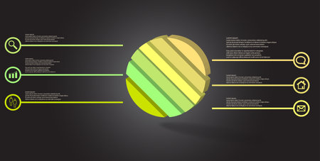 3D illustration infographic template. The embossed ring is askew divided to six color parts. Object is arranged on grey dark background. Color lines with simple signs in circles are on sides.のイラスト素材