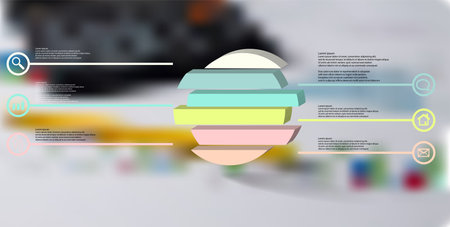3D illustration infographic template. The embossed ring is divided to six color shifted parts. Object is arranged on blurred photo background. Color lines with simple signs in circles are on sides.のイラスト素材