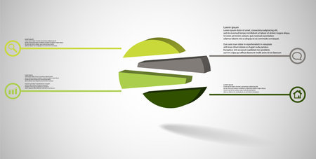 3D illustration infographic template. The embossed circle is randomly divided to four shifted color parts. Object is arranged on grey white background. Lines with signs in circles are on sides.のイラスト素材