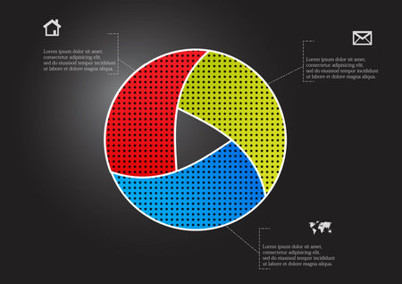 Infographic vector template with shape of circle. Graphic is divided to three color parts filled by patterns. Each section is joined with simple sign. Background is dark black.のイラスト素材