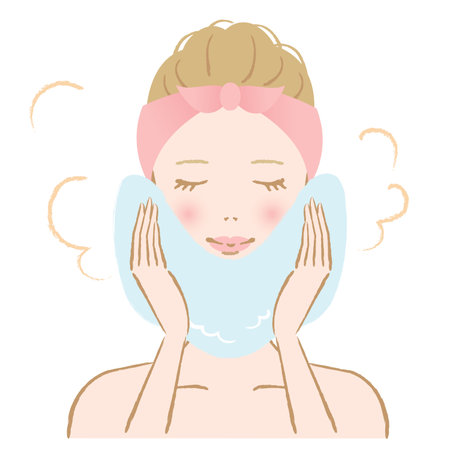 woman applying hot towel for treatment on her faceのイラスト素材