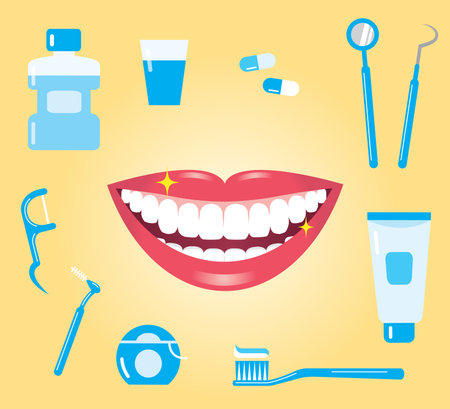 dental hygiene concept. smiling mouth with clean teeth and dental care productsのイラスト素材