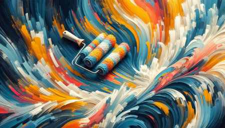 Painting roller on a colorful background. Top view. Copy space.
