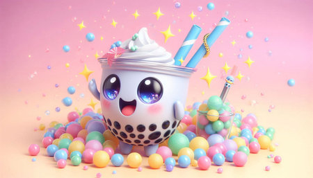 Funny cup of milkshake with marshmallows and candies