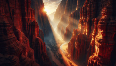 Fantasy landscape with red sandstone cliffs in the rays of the rising sun