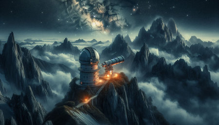 3D rendering of a mountain observatory with two telescopes under a starry sky.