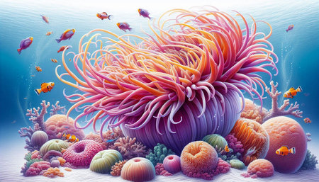 Colorful coral reef with sea anemone and tropical fish.