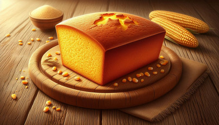 Sweet corn cake on the wooden table. 3d render illustration.