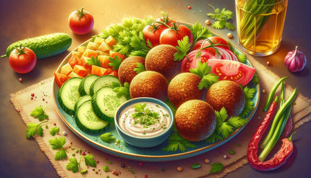 Fried croquettes with cucumber, tomato, onion and parsley