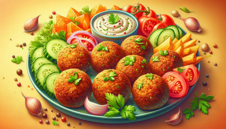Vegetarian falafel balls with vegetables and sauce on a plate