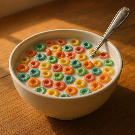 Bowl of multicolored cereal with spoon on wooden table.