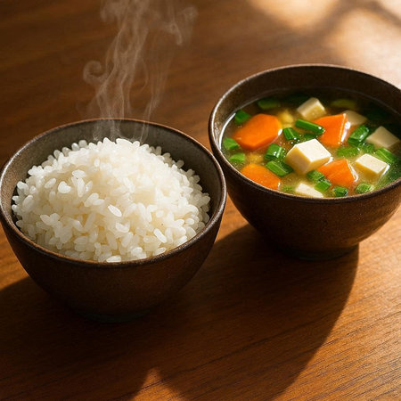 Two bowls of rice soup with vegetables and tofu on a wooden table