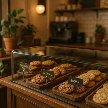 Chocolate chip cookies in a glass display case in a coffee shop