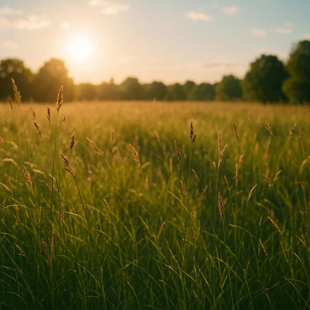 Grass on the meadow at sunset in summer. Nature background