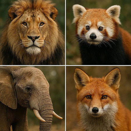 Collage of lion and red panda in different poses. Collage of wild animals.