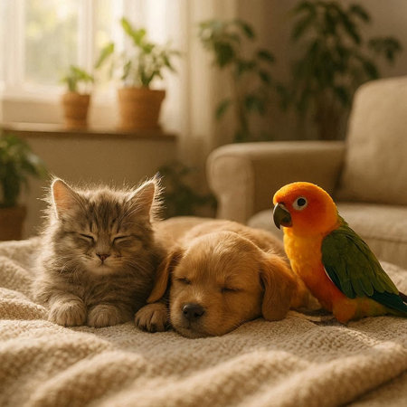 Cat and dog lying on the couch with a parrot. The concept of pets.