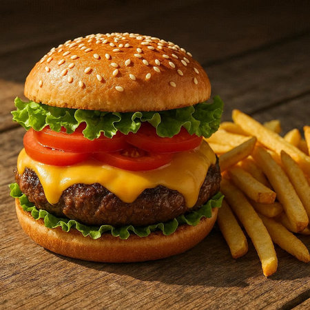 Cheese burger - American cheese burger with fresh salad tomato and french fries