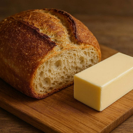 Slice of bread and butter on a cutting board on a wooden background