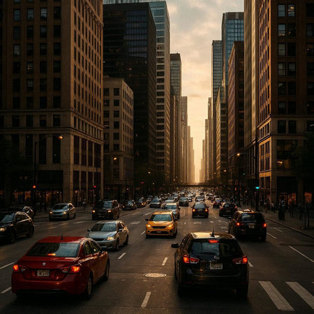 Traffic in downtown Chicago at sunset, Illinois, United States.