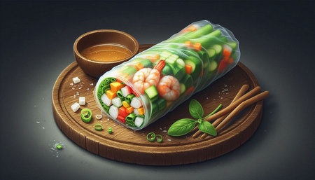 Spring rolls with vegetables and shrimps on a wooden board.