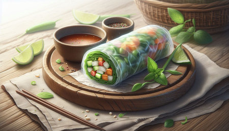 Fresh spring rolls with vegetables and greens on wooden table. Asian food