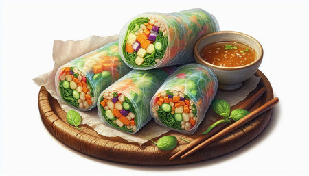 Fresh spring rolls with vegetables and seafood on a wooden plate, illustration