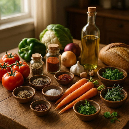 Vegetables and spices on a wooden table in a rustic kitchen