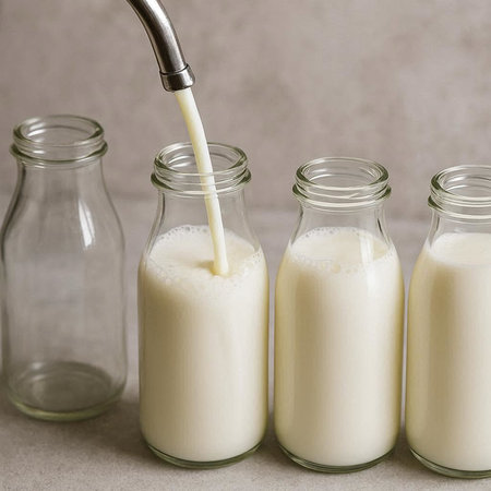 Milk in a glass bottles on a light background. Selective focus.