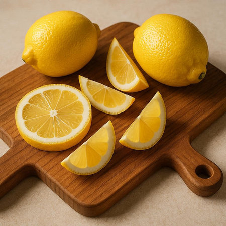 Lemons on wooden cutting board over brown background. Square image