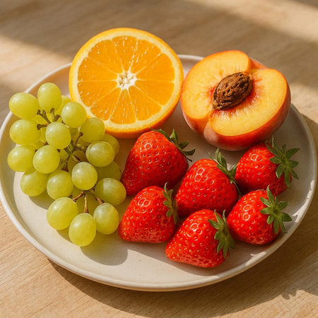 Fresh fruits on a white plate on a wooden table, top view