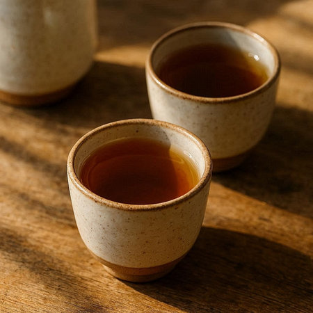 Two cups of tea on a wooden table. Close-up.