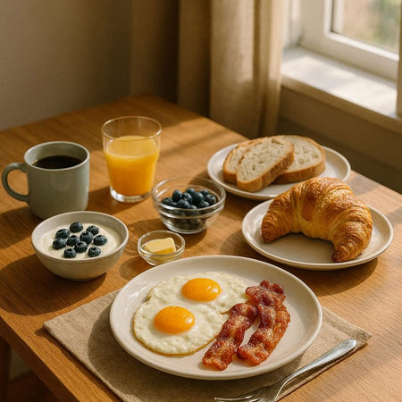 Breakfast with fried eggs, bacon, blueberries, coffee and croissants