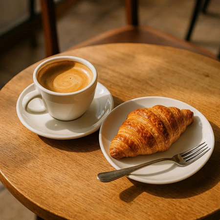 Coffee and croissant on a table in a cafe
