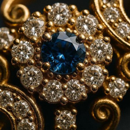 jewelry brooch with blue sapphire on black background