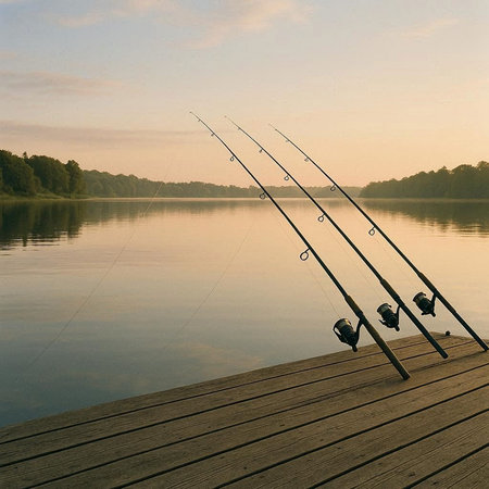 Fishing rods on a wooden pier on the background of the lake
