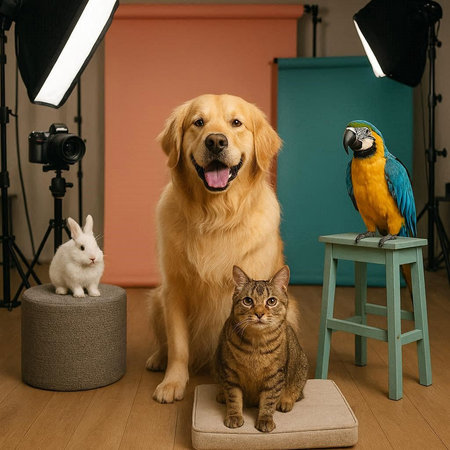 Golden Retriever, a cat and a macaw in studio