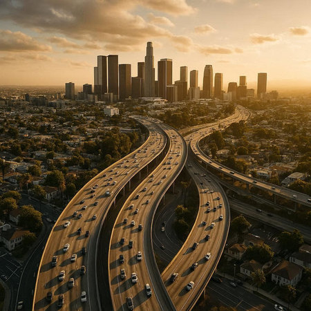 Aerial view of highway and city skyline at sunset, Los Angeles, California, USA.