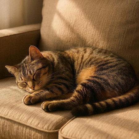 Cute tabby cat relaxing on sofa at home. Shallow depth of field.