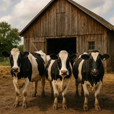 Herd of black and white holstein cows on a farm.
