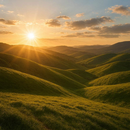 Sunset over green hills in the Carpathian mountains, Ukraine