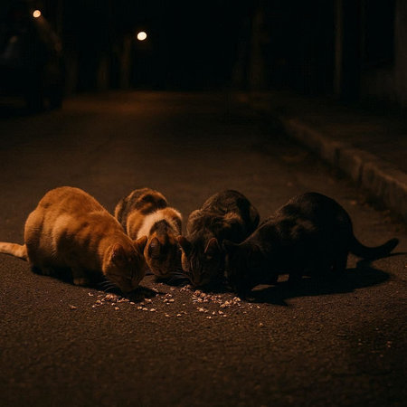 Three stray cats eat food on the street in the dark. Selective focus.