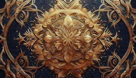 3D illustration of a golden ornament on a black textured background
