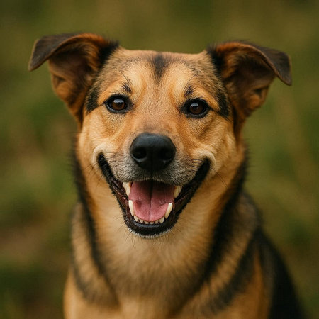 Portrait of a mixed breed dog on the green grass background.