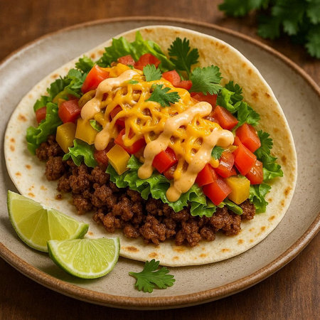 Mexican tacos with meat, vegetables and cheese on wooden background.