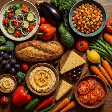 Healthy food background. Vegetables, hummus and bread on wooden table