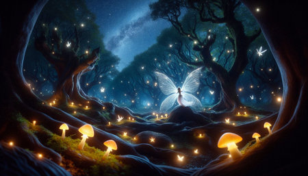 Mystical landscape with glowing mushrooms and butterflies. 3d rendering