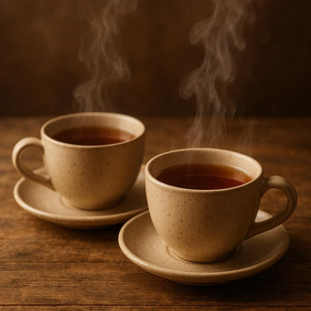 Two cups of hot tea with steam on wooden table, selective focus