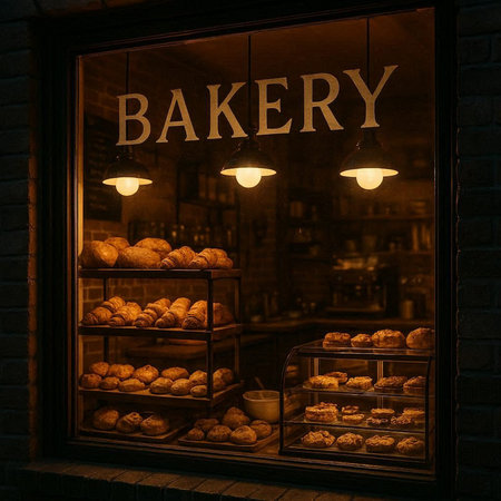 Bakery shop window at night. Bakery shop window with bakery products