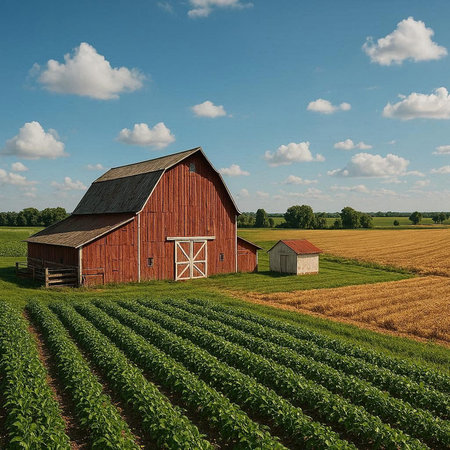 American Countryside with Red Barn and Green Sloping Corn Field.