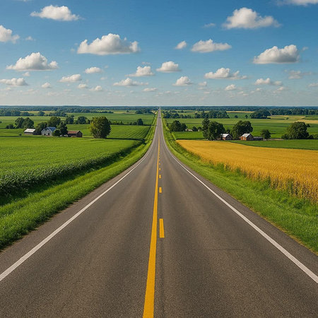 Aerial view of a country road in the middle of a cornfield